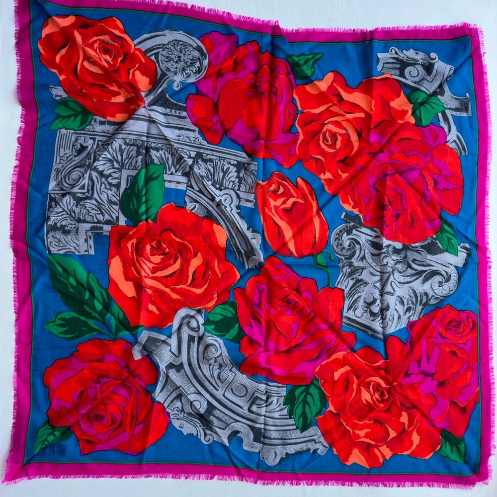 Vtg Ginnie Johansen Scarf 100% Wool Japan Roses